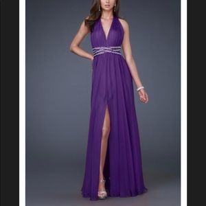La Femme halter pleaded goddess chiffon gown. NWT.
